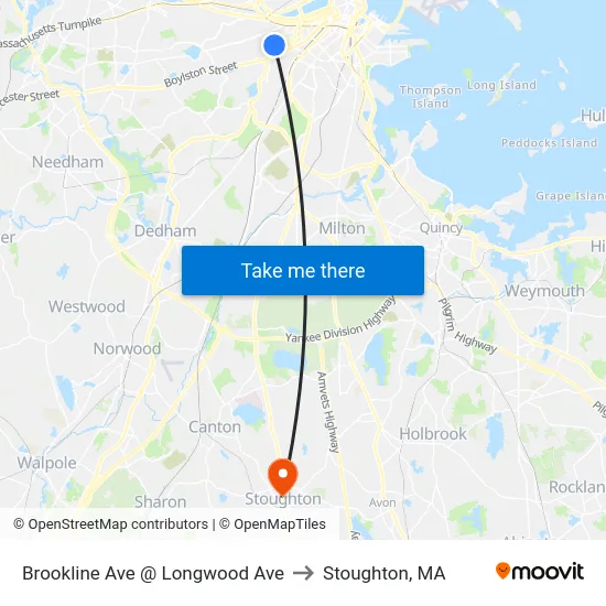 Brookline Ave @ Longwood Ave to Stoughton, MA map