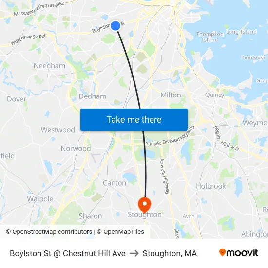 Boylston St @ Chestnut Hill Ave to Stoughton, MA map