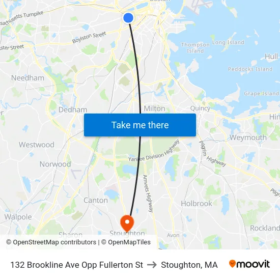 132 Brookline Ave Opp Fullerton St to Stoughton, MA map