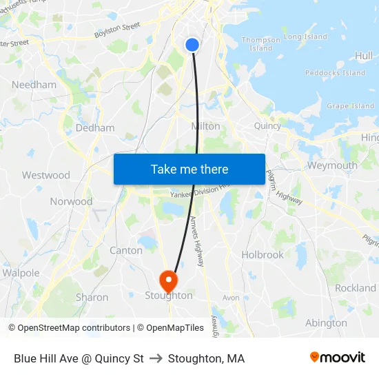 Blue Hill Ave @ Quincy St to Stoughton, MA map