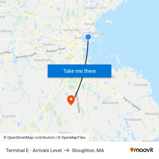 Terminal E - Arrivals Level to Stoughton, MA map
