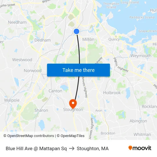 Blue Hill Ave @ Mattapan Sq to Stoughton, MA map