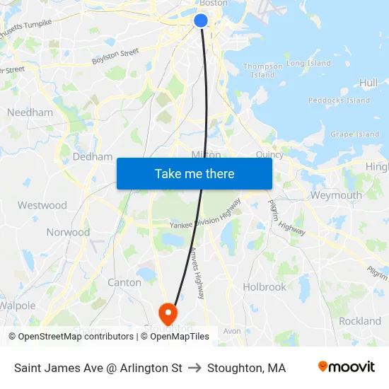 Saint James Ave @ Arlington St to Stoughton, MA map
