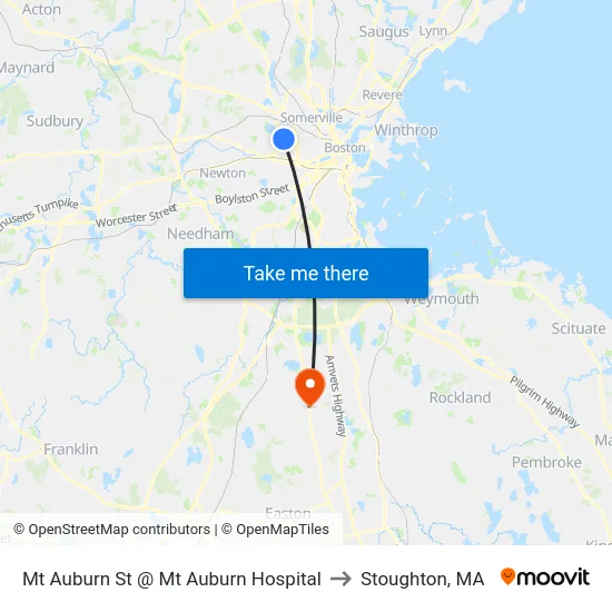 Mt Auburn St @ Mt Auburn Hospital to Stoughton, MA map