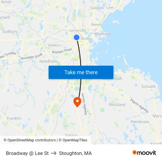 Broadway @ Lee St to Stoughton, MA map