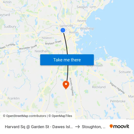 Harvard Sq @ Garden St - Dawes Island to Stoughton, MA map