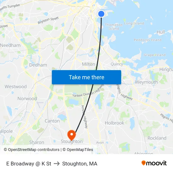 E Broadway @ K St to Stoughton, MA map