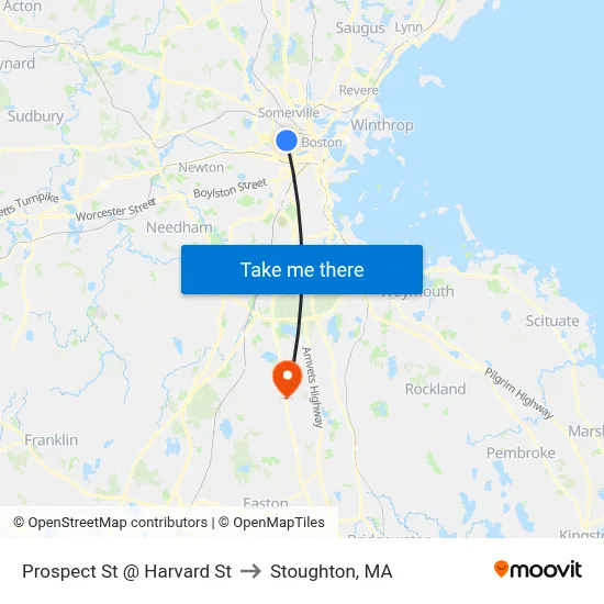 Prospect St @ Harvard St to Stoughton, MA map