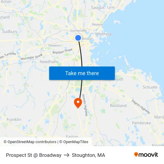Prospect St @ Broadway to Stoughton, MA map