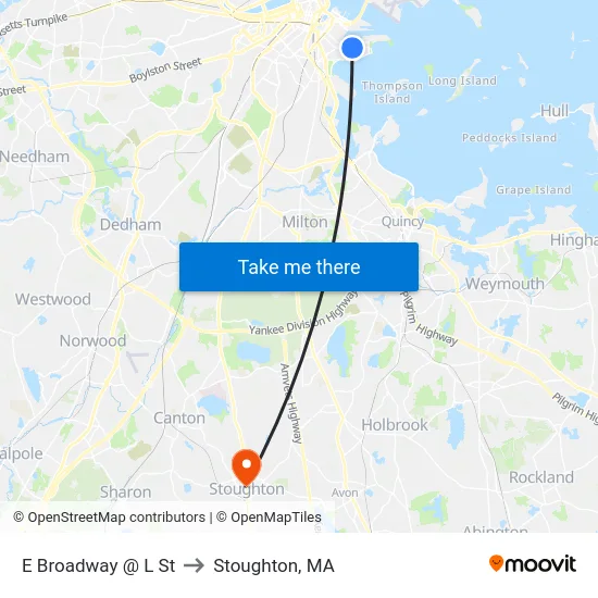 E Broadway @ L St to Stoughton, MA map
