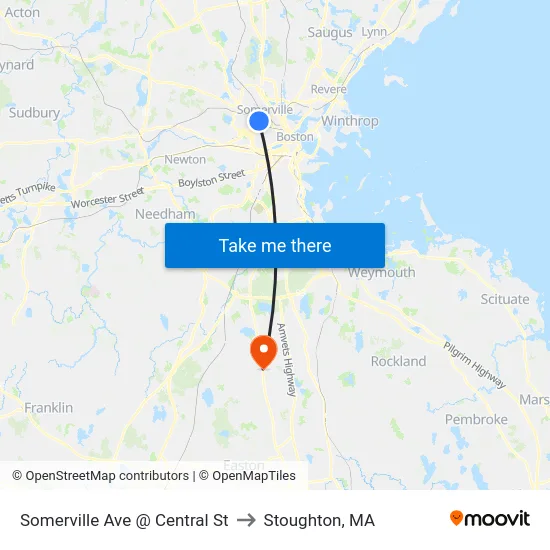 Somerville Ave @ Central St to Stoughton, MA map