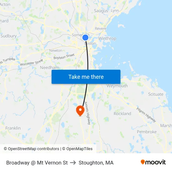 Broadway @ Mt Vernon St to Stoughton, MA map