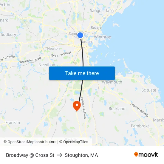 Broadway @ Cross St to Stoughton, MA map