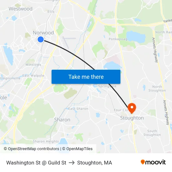 Washington St @ Guild St to Stoughton, MA map