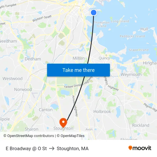 E Broadway @ O St to Stoughton, MA map