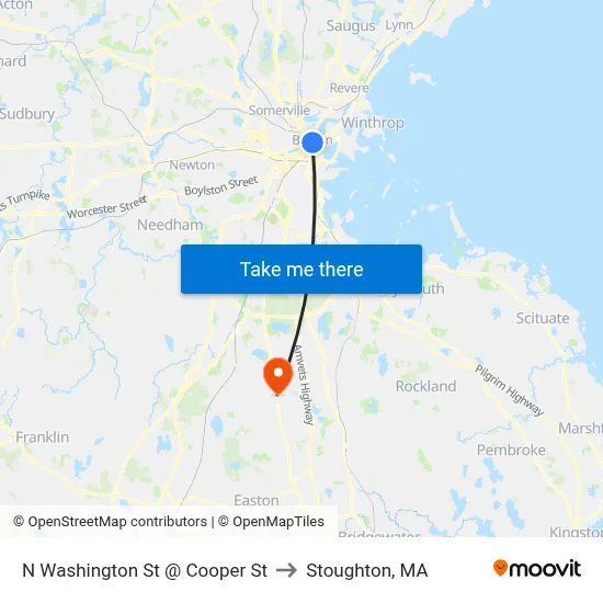 N Washington St @ Cooper St to Stoughton, MA map