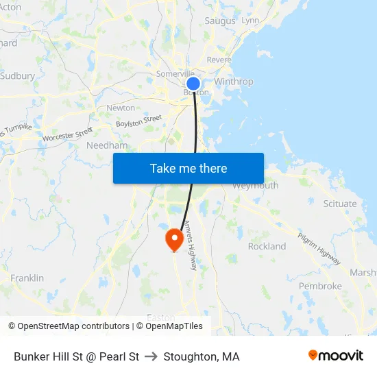 Bunker Hill St @ Pearl St to Stoughton, MA map