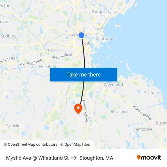 Mystic Ave @ Wheatland St to Stoughton, MA map