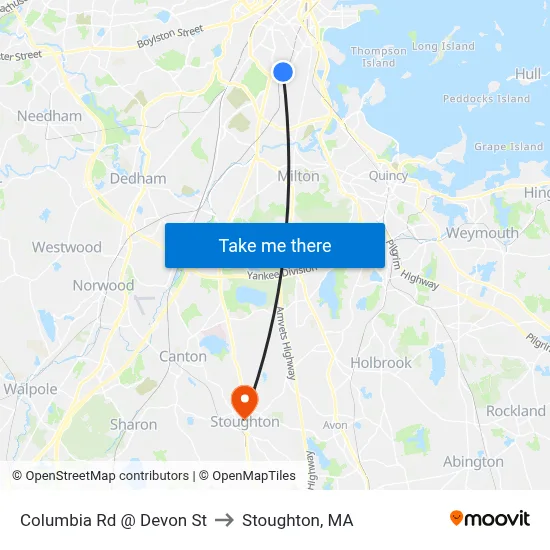 Columbia Rd @ Devon St to Stoughton, MA map