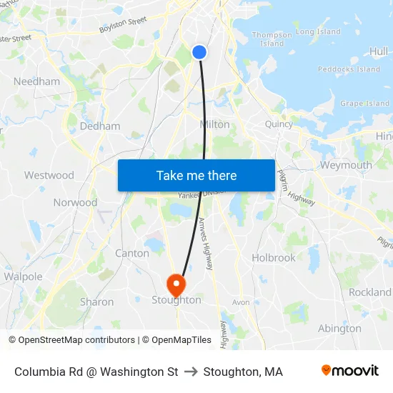 Columbia Rd @ Washington St to Stoughton, MA map