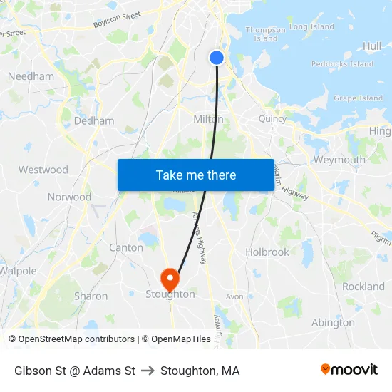 Gibson St @ Adams St to Stoughton, MA map