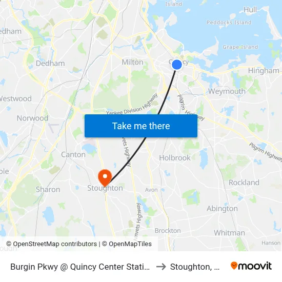 Burgin Pkwy @ Quincy Center Station to Stoughton, MA map