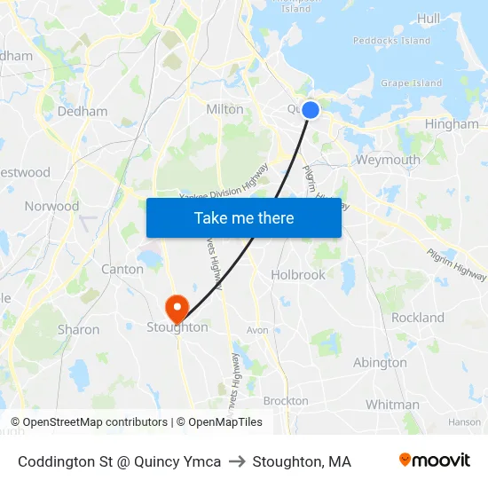 Coddington St @ Quincy Ymca to Stoughton, MA map