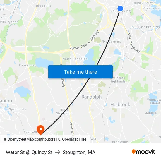 Water St @ Quincy St to Stoughton, MA map