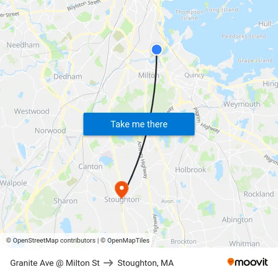 Granite Ave @ Milton St to Stoughton, MA map