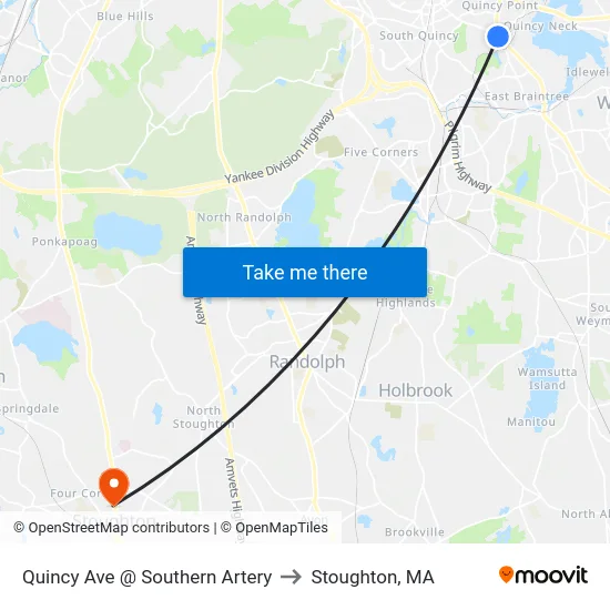 Quincy Ave @ Southern Artery to Stoughton, MA map