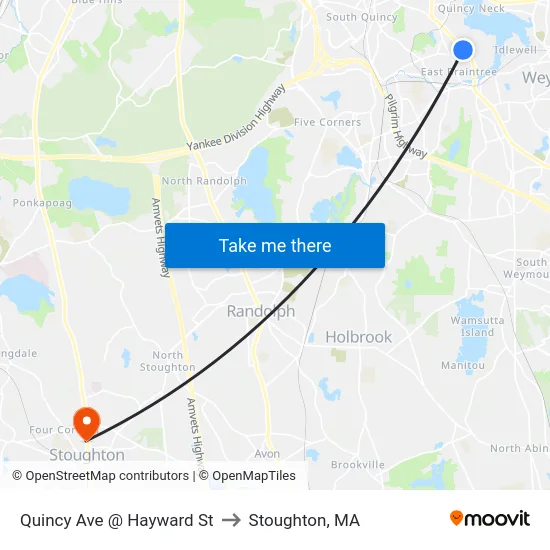 Quincy Ave @ Hayward St to Stoughton, MA map