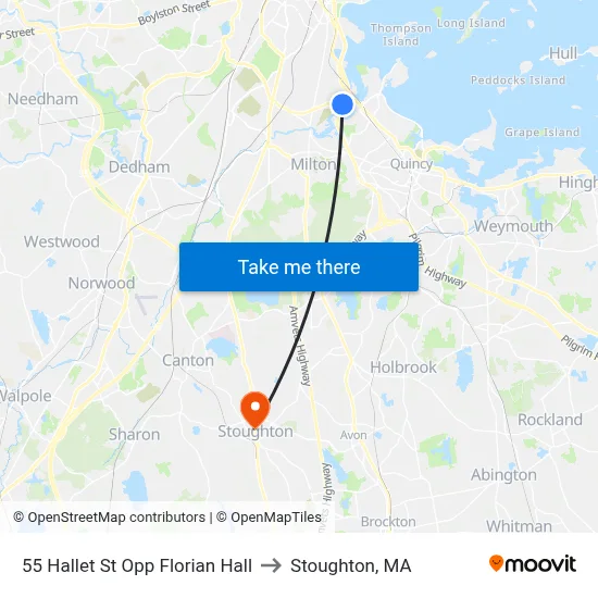 55 Hallet St Opp Florian Hall to Stoughton, MA map