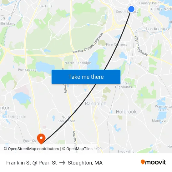 Franklin St @ Pearl St to Stoughton, MA map