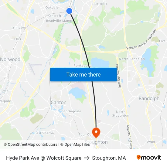 Hyde Park Ave @ Wolcott Square to Stoughton, MA map