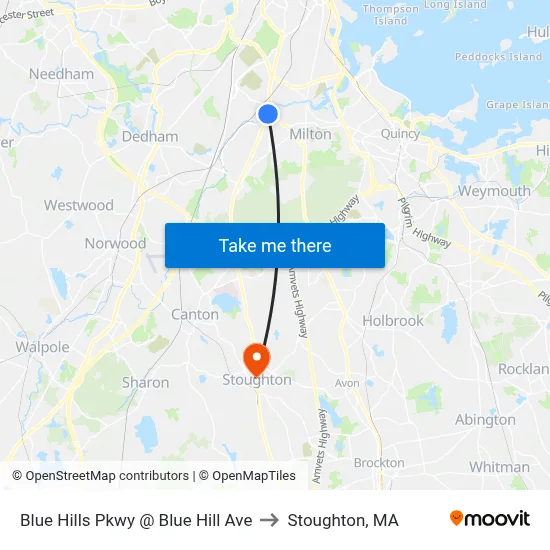 Blue Hills Pkwy @ Blue Hill Ave to Stoughton, MA map