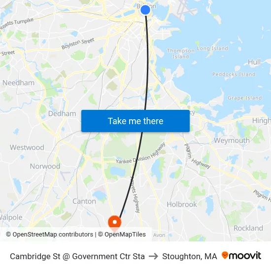 Cambridge St @ Government Ctr Sta to Stoughton, MA map
