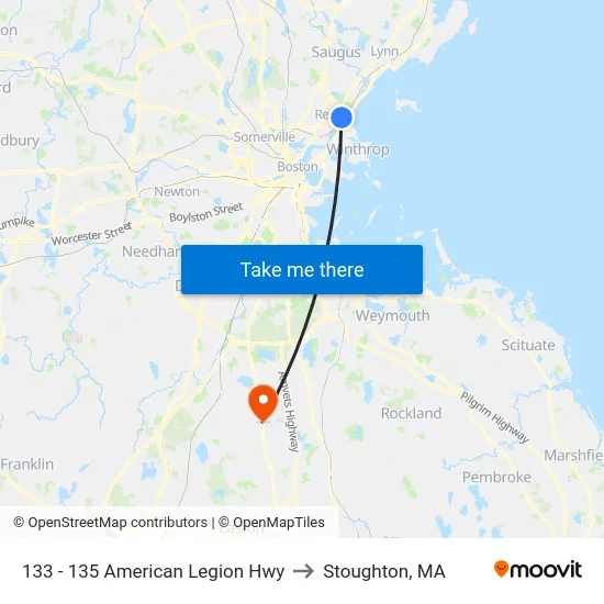 133 - 135 American Legion Hwy to Stoughton, MA map