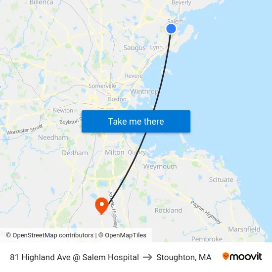 81 Highland Ave @ Salem Hospital to Stoughton, MA map