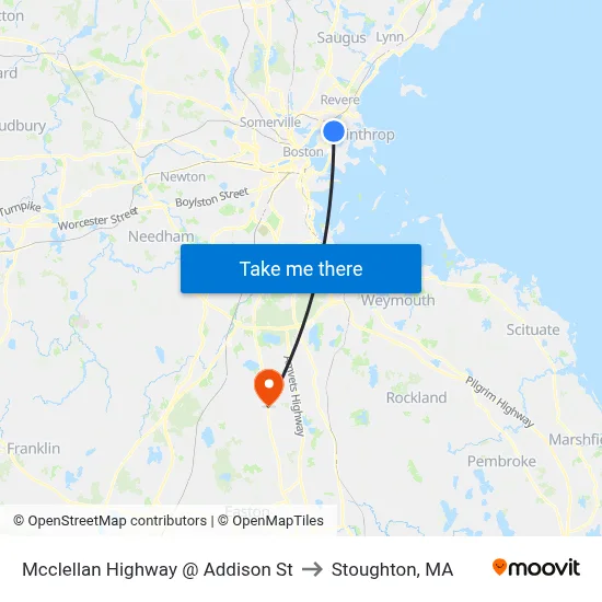 Mcclellan Highway @ Addison St to Stoughton, MA map
