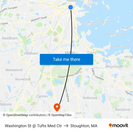 Washington St @ Tufts Med Ctr to Stoughton, MA map