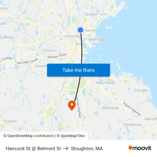 Hancock St @ Belmont St to Stoughton, MA map