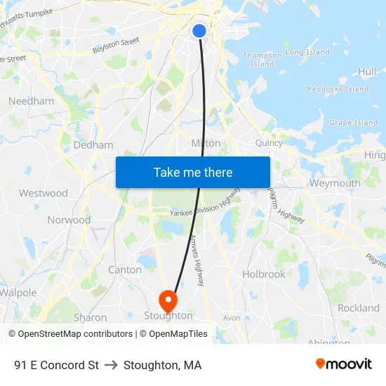 91 E Concord St to Stoughton, MA map