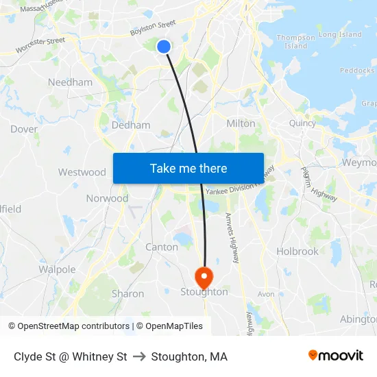 Clyde St @ Whitney St to Stoughton, MA map