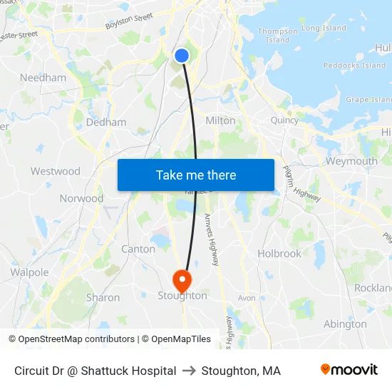 Circuit Dr @ Shattuck Hospital to Stoughton, MA map