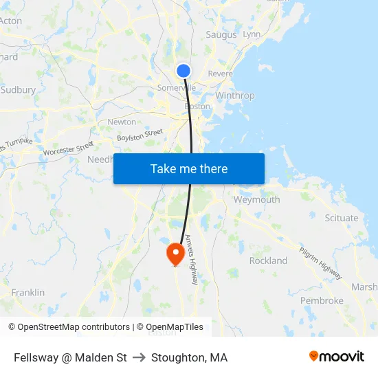 Fellsway @ Malden St to Stoughton, MA map