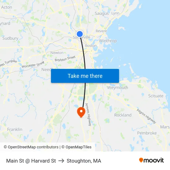 Main St @ Harvard St to Stoughton, MA map