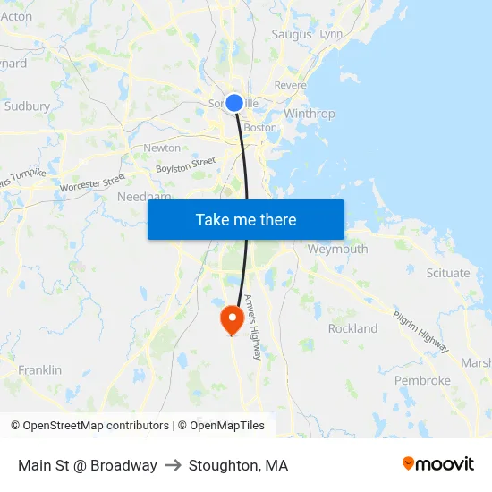 Main St @ Broadway to Stoughton, MA map