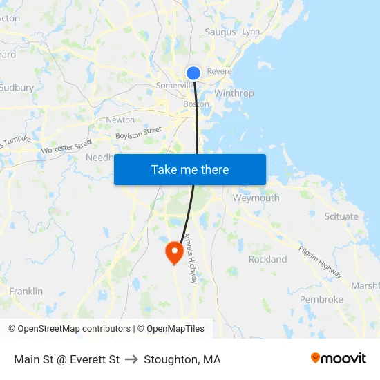 Main St @ Everett St to Stoughton, MA map