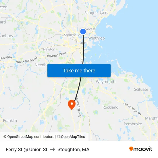 Ferry St @ Union St to Stoughton, MA map