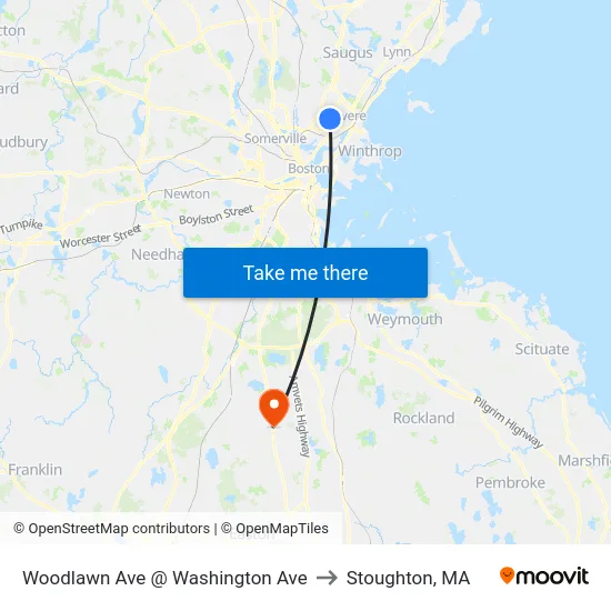 Woodlawn Ave @ Washington Ave to Stoughton, MA map